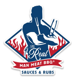 Logo of The Real Man Meat BBQ with a silhouette of a man grilling over flames.