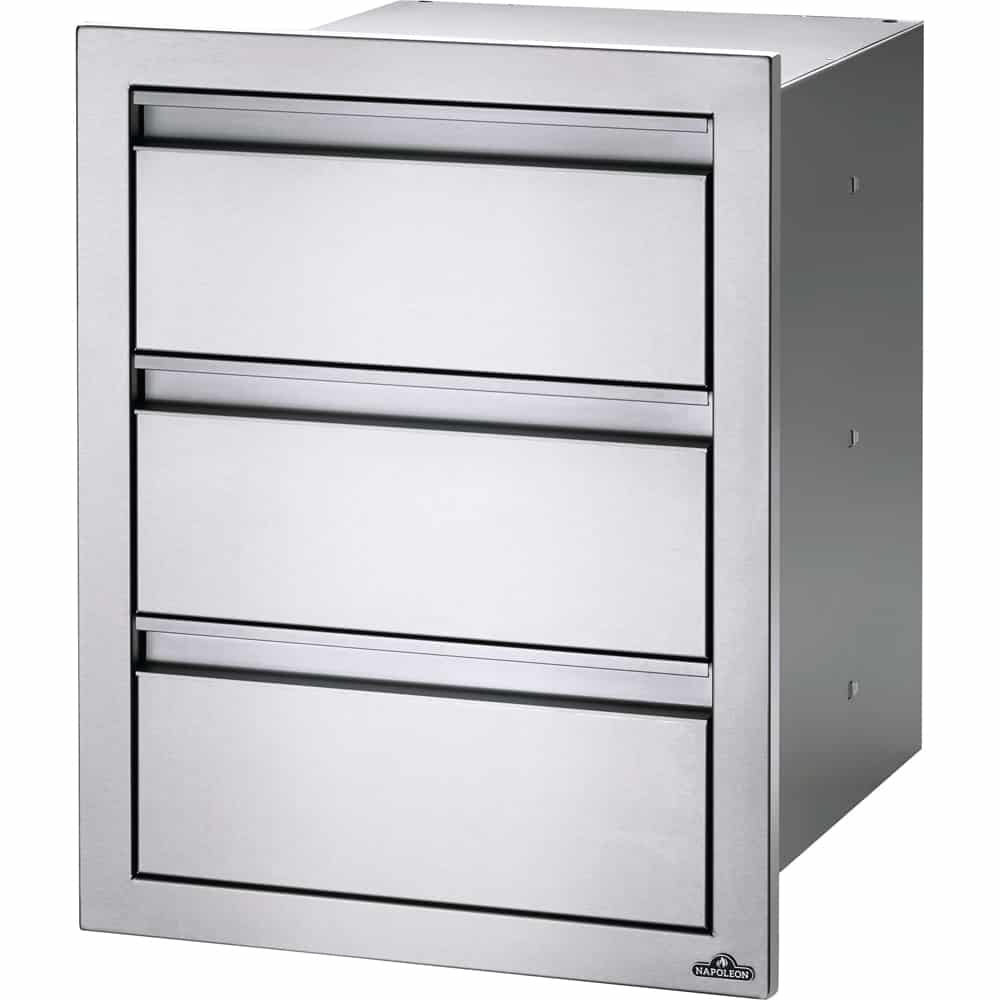 Napoleon Built-In Components Triple Drawer Housing, built-in outdoor kitchen storage drawer with stainless steel construction.