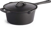 Cast iron sauce pot with lid, ideal for cooking sauces and sides, perfect heat retention for barbecue use.