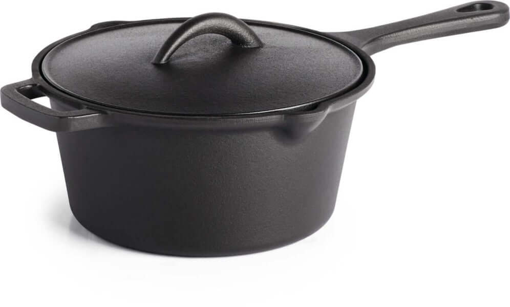 Cast iron sauce pot with lid, ideal for cooking sauces and sides, perfect heat retention for barbecue use.