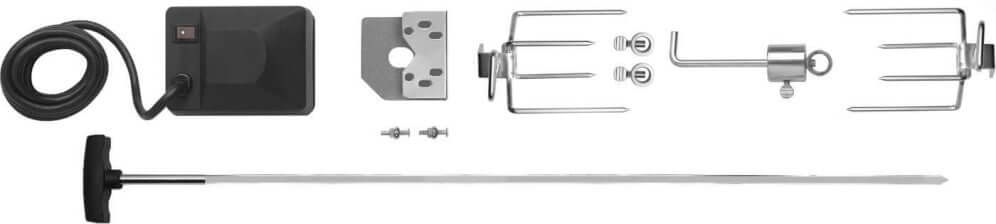 Napoleon rotisserie kit components including motor, spit, forks, and mounting hardware for grilling.