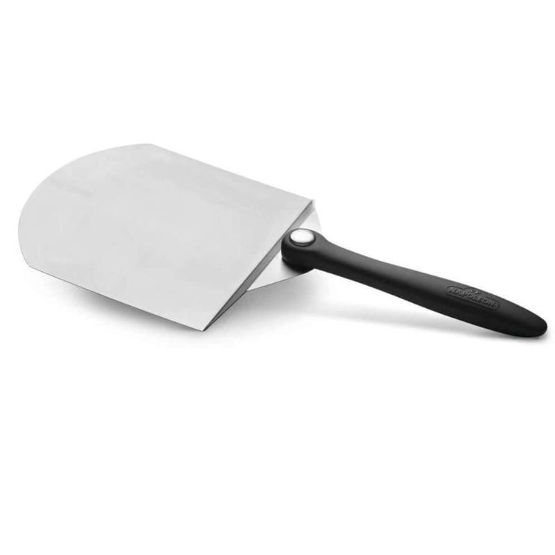 Sleek stainless steel pizza spatula with black handle, ideal for serving pizza and easy to clean.