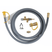 Napoleon Uptown Firetable NG conversion kit components including hose, fittings, and connectors in gray and brass.