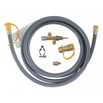 Napoleon Uptown Firetable NG conversion kit components including hose, fittings, and connectors in gray and brass.