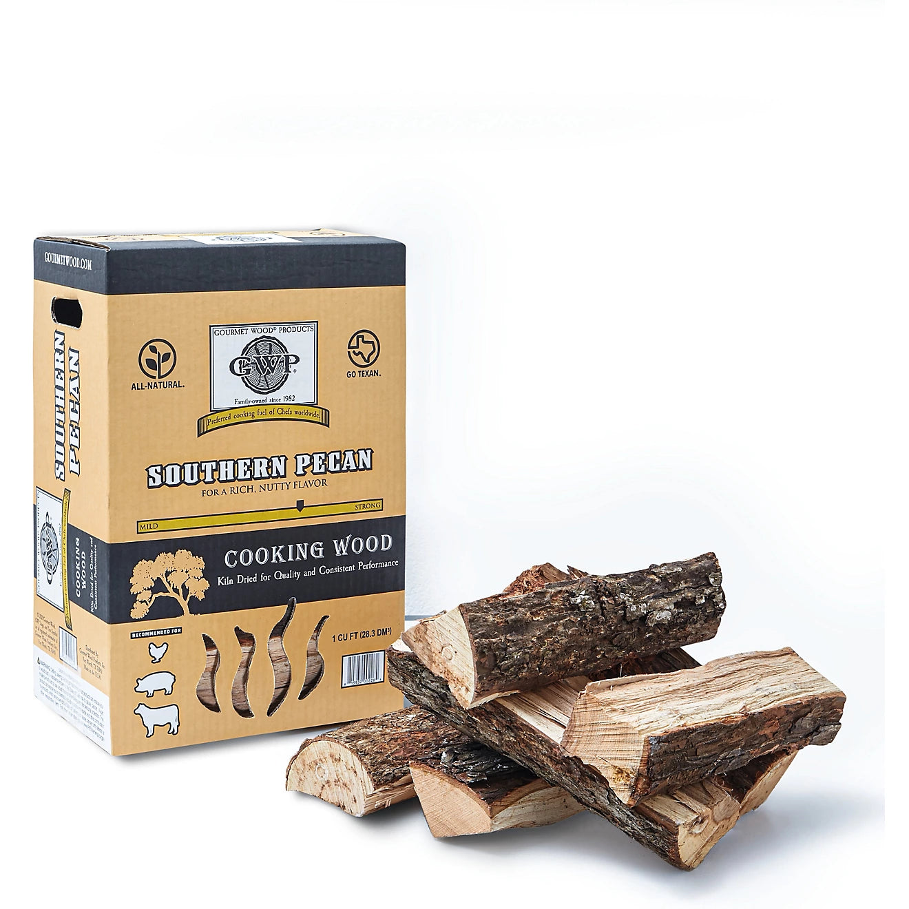 Gourmet wood southern pecan wood splits for BBQ in a box ready for grilling.