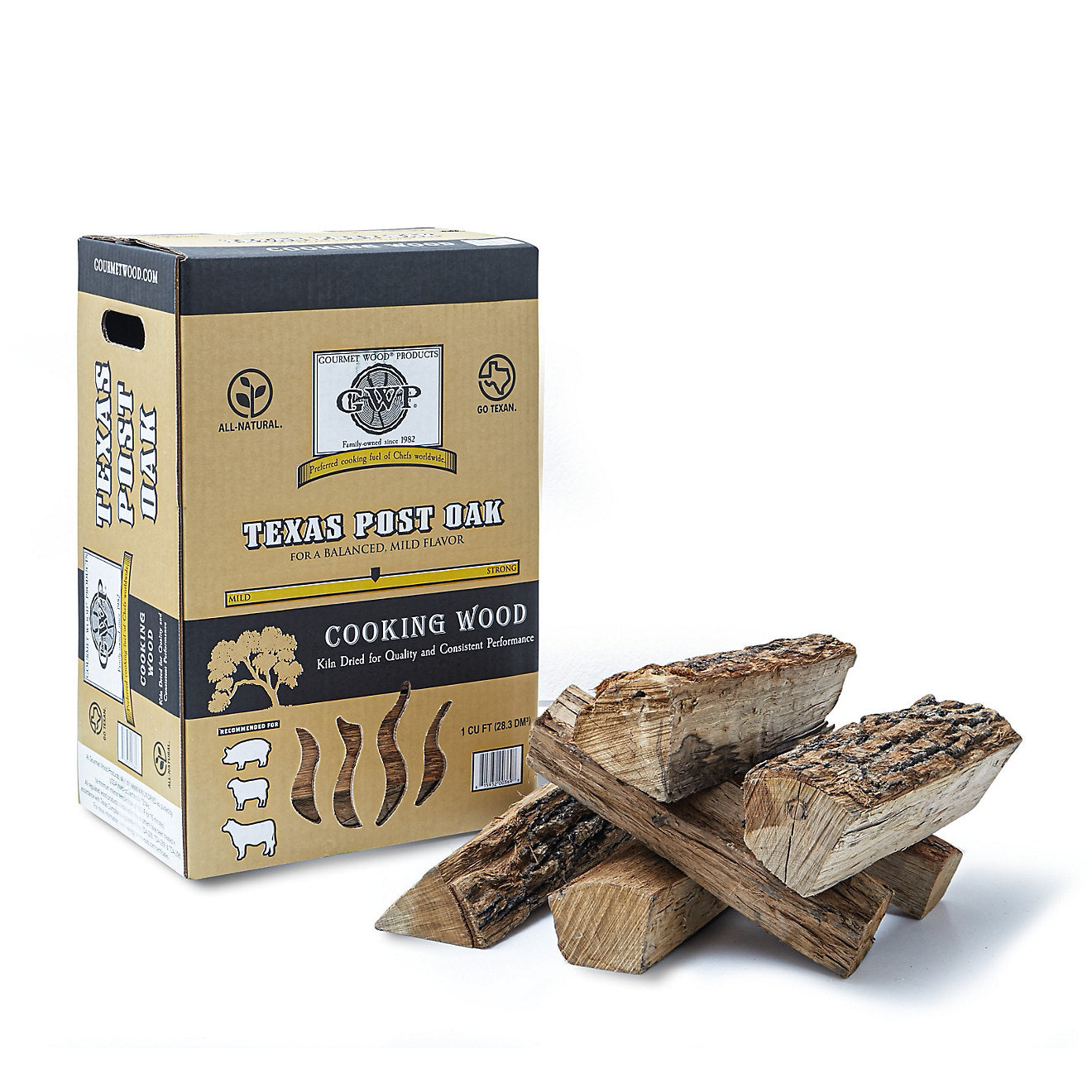 premium Texas post oak wood splits in packaging with firewood pieces for cooking or heating purposes.
