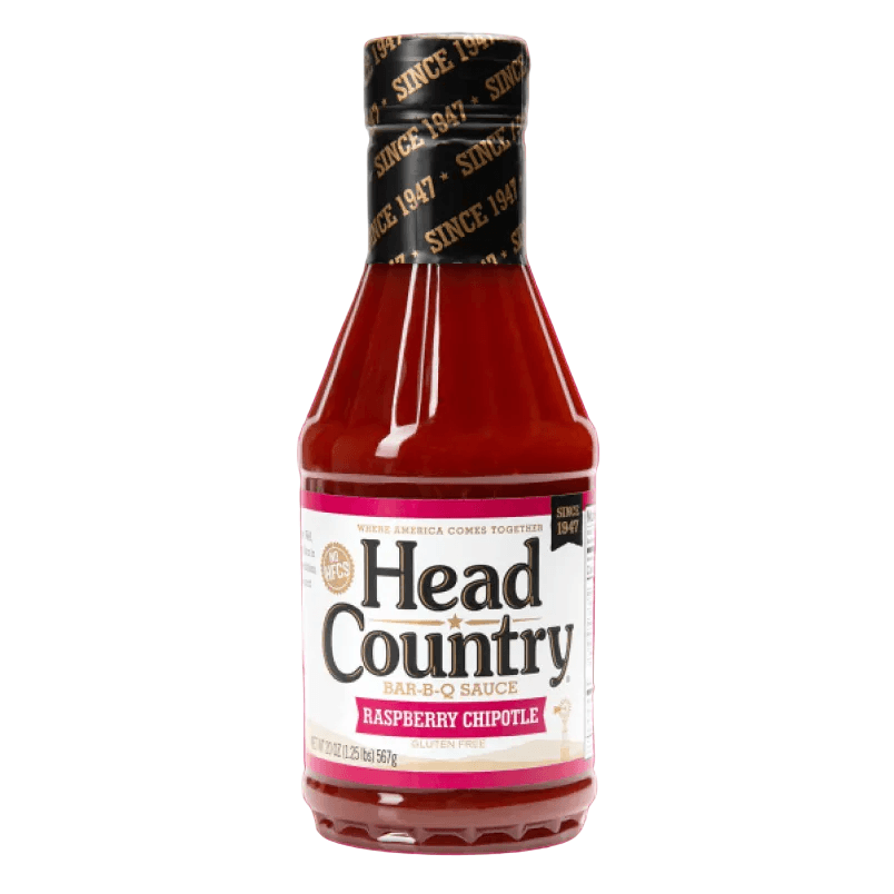 Head Country Raspberry Chipotle BBQ Sauce bottle showcasing rich flavor for grilling and dipping.
