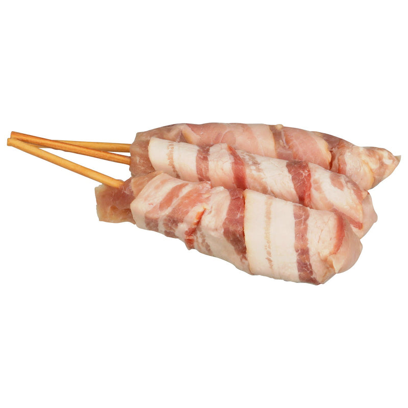 Bacon wrapped pork kabobs - juicy pork loin wrapped in smoked bacon