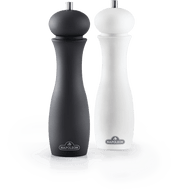 Napoleon salt and pepper grinders in black and white finish with stylish designs for seasoning food.