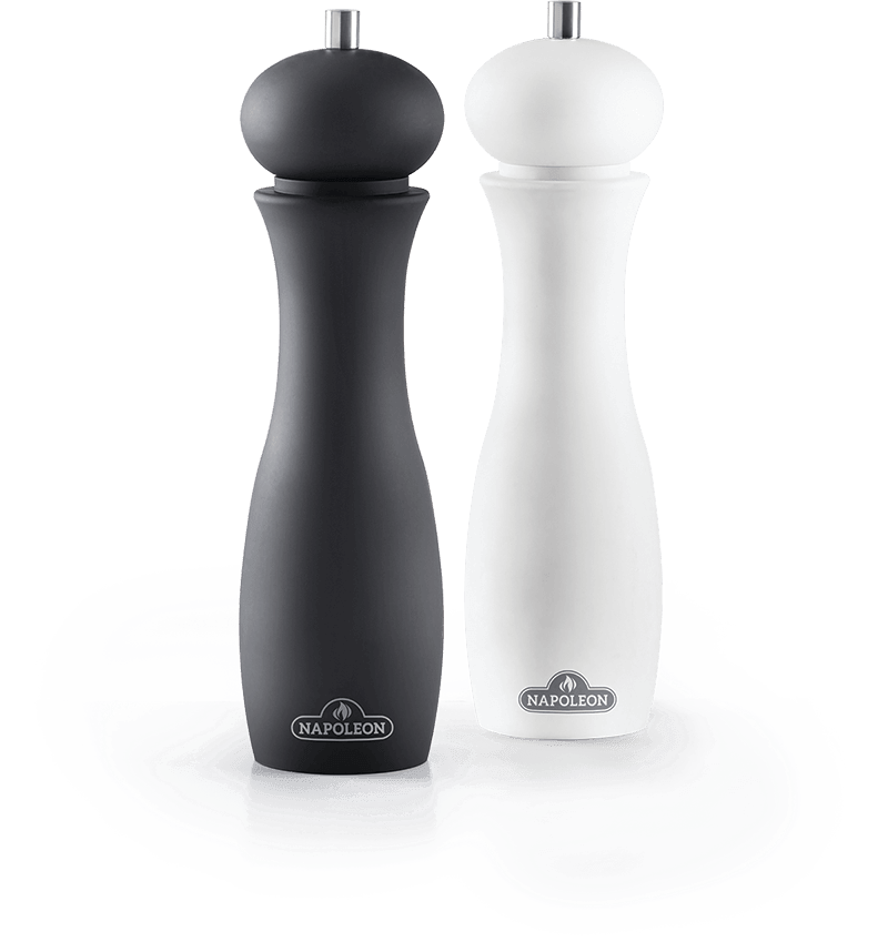 Napoleon salt and pepper grinders in black and white finish with stylish designs for seasoning food.
