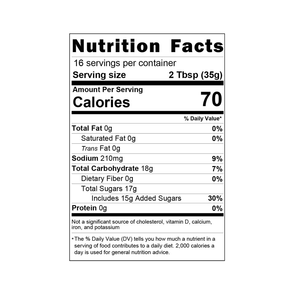Nutrition facts label for Bobby T's Original Hav'N a BBQ Sauce showing calories and ingredients.
