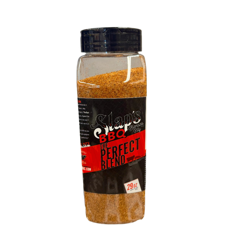 Bottle of Slap's BBQ The Perfect Blend, a Kansas City BBQ rub, offering sweet, savory, and spicy flavor for meats.
