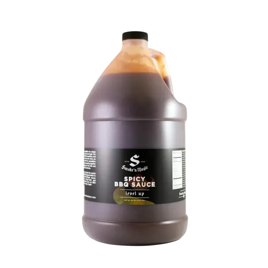 Smoke'n Magic Spicy BBQ Sauce in a large bottle for grilling enthusiasts who enjoy spicy BBQ sauce.