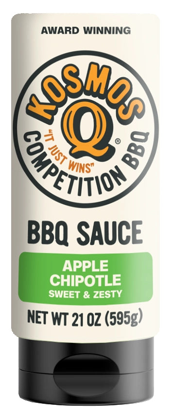 Kosmos Q Sweet Apple Chipotle BBQ Sauce bottle, 21 oz. award-winning, sweet and spicy flavor.