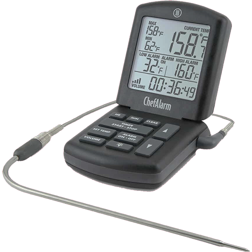 Text: ChefAlarm cooking thermometer with NIST-traceable accuracy, 92 dB alarm, and IP65 splash resistance for smoking and roasting