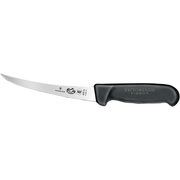 Victorinox curved boning knife with semi-stiff blade and black Fibrox handle on a white background.