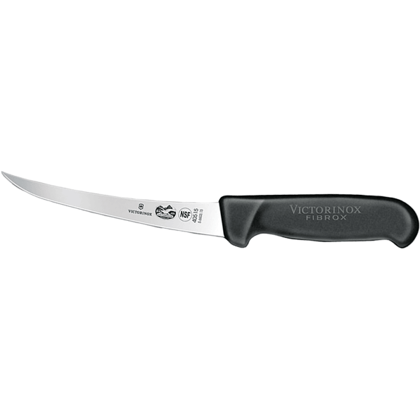 Victorinox curved boning knife with semi-stiff blade and black Fibrox handle on a white background.
