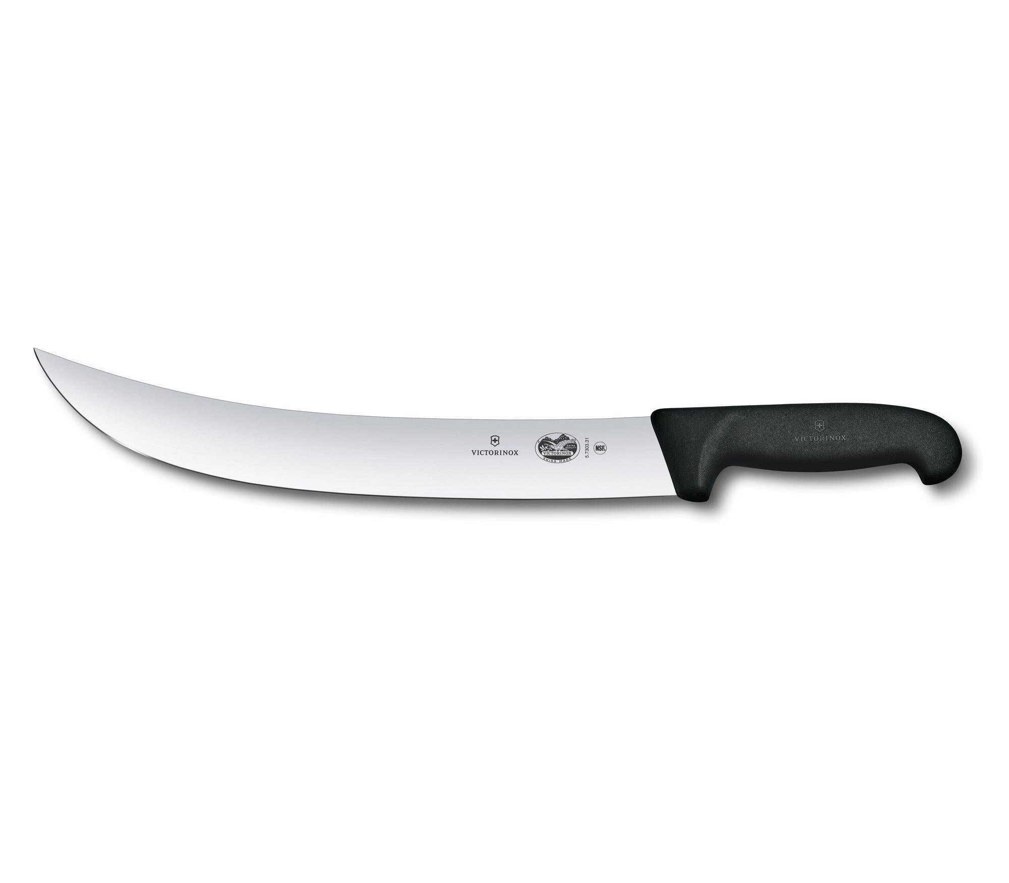 Victorinox 10" Curved Cimeter Knife with Fibrox Pro Handle for trimming and slicing tasks - Fibrox Pro curved cimeter knife.
