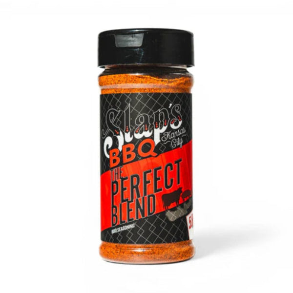 Slap's BBQ The Perfect Blend bottle, a Kansas City BBQ rub for enhancing flavors in various dishes.