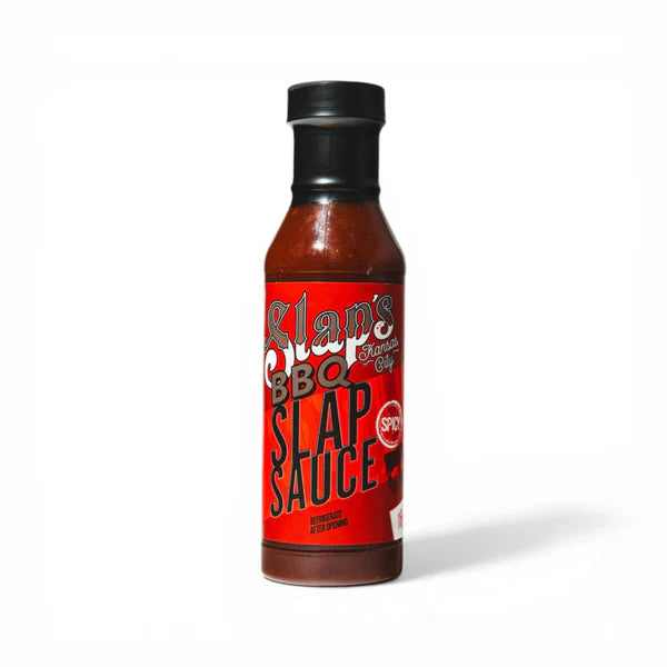 Slap's BBQ Spicy BBQ Sauce bottle showcasing a rich, fiery sauce perfect for grilling and competitions.