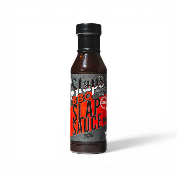 Bottle of Slap’s BBQ Sweet Slap BBQ Sauce, a sweet Kansas City BBQ sauce packed with flavor.